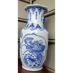 TALL Vintage Blue and White Vase Hand painted Chinese Birds and Flowers Pattern